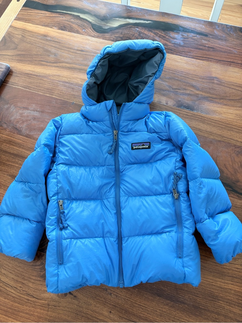 Patagonia Hi Loft Blue Hooded Down Jacket